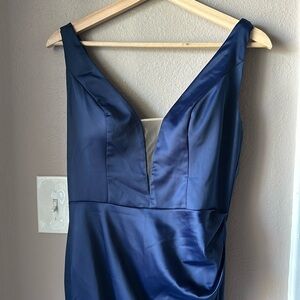 GALINA Signature Navy Blue Drape Back Sleeveless Illusion Neck Gown with Train